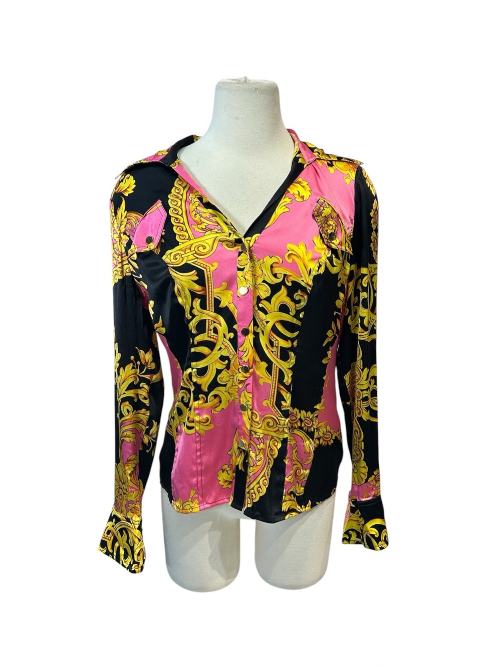 Y2K Cache Baroque Versace Style Silk Snap Button Blouse Medium